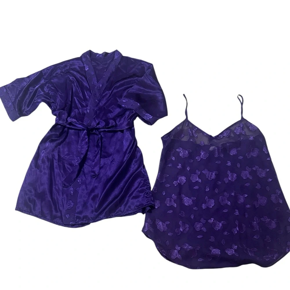 Petra Fashions Vintage Purple Satin Robe and Sheer Nightgown Set negligée, Large